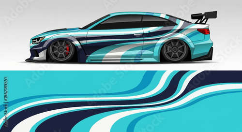 Vibrant turquoise sports car graphic with flowing abstract waves and sleek futuristic styling.