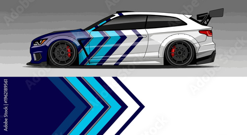 Highway race car with bold blue geometric livery and spoiler on the track.
