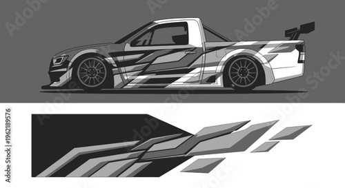 Dynamic monochrome race car illustration featuring sleek geometric design and motion cues.