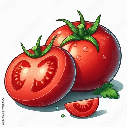 A composition of fresh red tomatoes with water drops and bottled ketchup isolated on a white background, featuring ripe organic vegetables for a healthy vegetarian diet