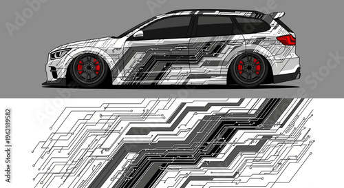 Sleek Racing Car Profile with Graphic Striped Design and Dynamic Lines.