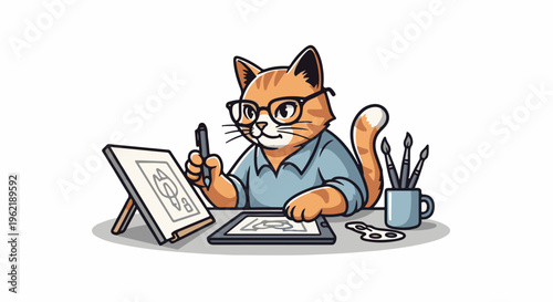 A ginger cat in glasses draws digitally with a stylus and tablet