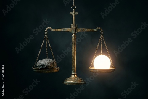 A brass scale perfectly balancing a heavy stone against a weightless glowing orb of pure light. A surreal concept of AI judgment and harmony