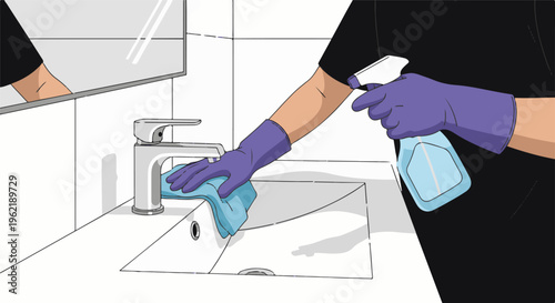 A gloved hand sprays a sink while cleaning with a cloth