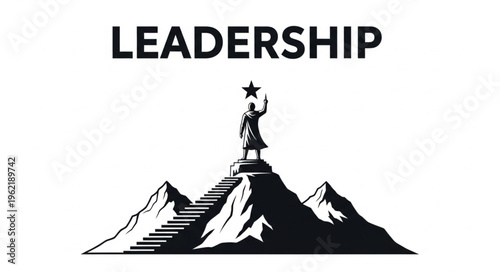 Silhouette of a leader standing on a mountain peak holding a star.