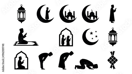 Islamic prayer and Ramadan celebration elements in silhouette.