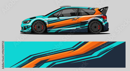 Vibrant race car with bold orange and teal livery on gray studio backdrop.