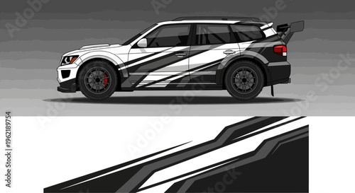 Side Profile of a Striped Racing Car with Graphic Livery.