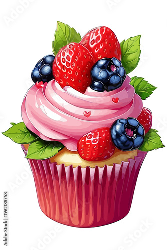 Delicious baked cupcake with fresh raspberries, pink strawberry cream icing, and mint leaf on a sweet dessert muffin isolated on white