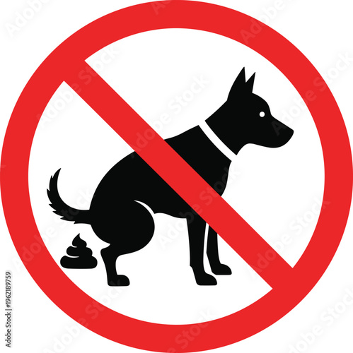 Dog prohibition sign silhouette with red circle and diagonal line, vector illustration of pet regulation design, flat vector illustration