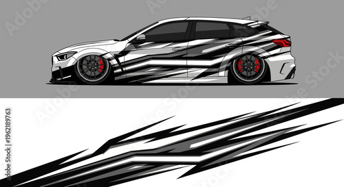 Sleek black and white race car with angular decals and high speed design.