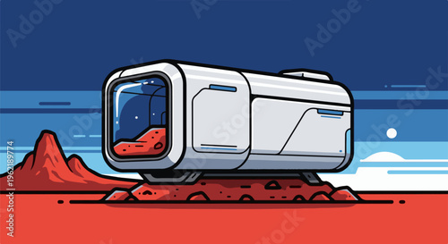 A futuristic habitat rests on a red, rocky surface under a deep blue and light blue sky