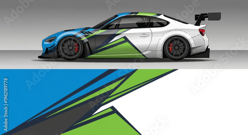 Colorful racing car with dynamic geometric graphics and track inspired design.
