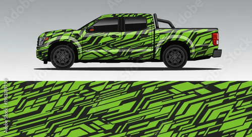 Green camouflaged pickup truck with bold wrap design and automotive graphics.
