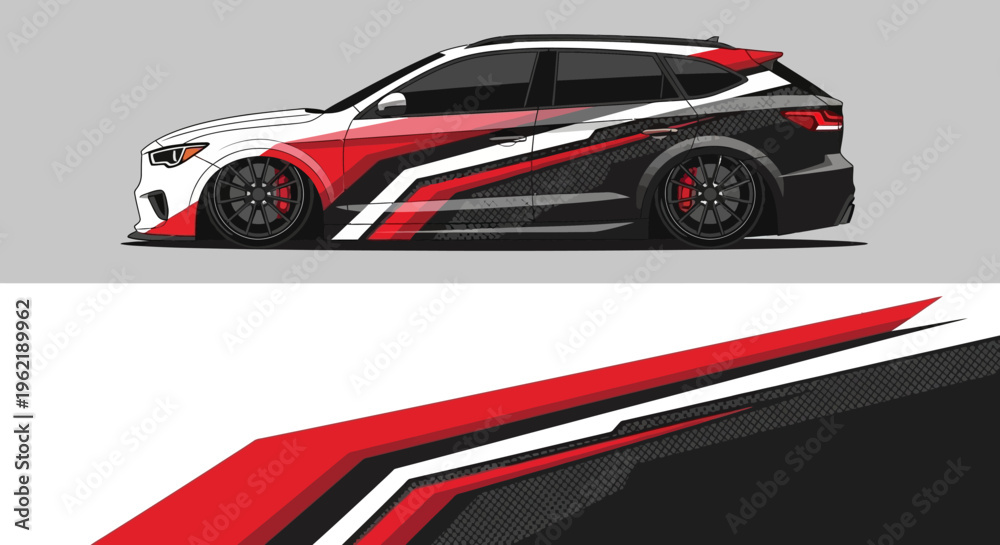 Fototapeta premium Sleek customized race car with bold red and white graphic livery on a neutral gray background.