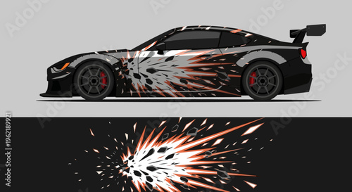 Sleek Race Car with Flame Graphic and Spark Burst in Profile.
