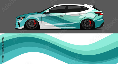 Stylized teal sports car illustration with flowing waves in a gray backdrop.