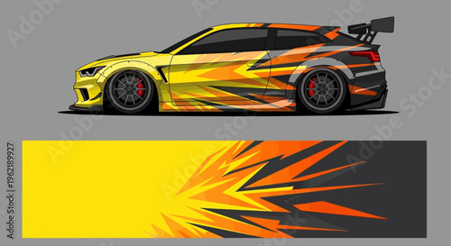 Sleek yellow racecar with orange flame graphic design, bold aerodynamic styling and wheel details.