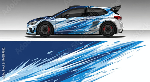 Sleek blue and white sports car depicted with dynamic brushstroke graphics and motion cues.