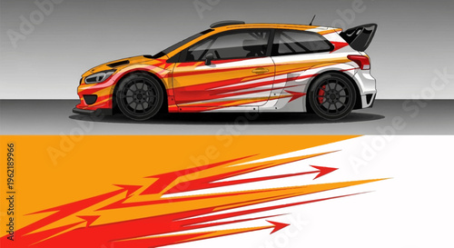 High-speed race car with vibrant orange white livery and dynamic graphics on track.