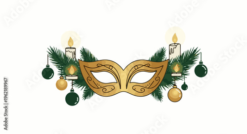 A golden masquerade mask with evergreen branches, candles, and ornaments