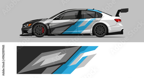 Side view of a blue gray racing car with bold stripes and aero styling.