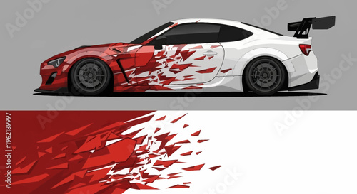 High-Speed Racing Car with Red White Graphic Decal Design and Dynamic Livery.