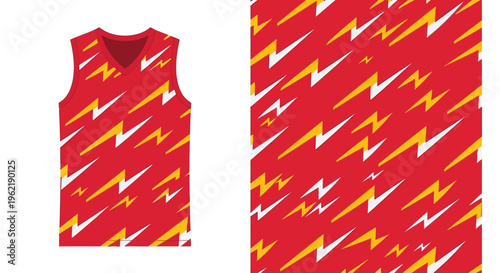 Bright Red and Yellow Zigzag Patterned Sleeveless Sports Jersey for Athletic Wear.