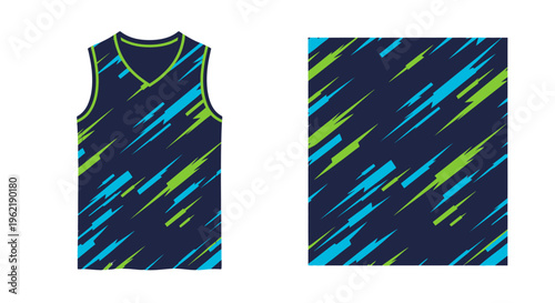 Abstract blue and green striped basketball jersey and shorts set with dynamic pattern.