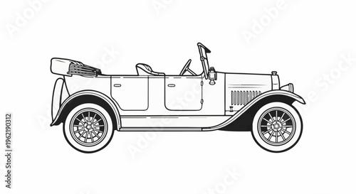 A detailed line drawing of a vintage open-top car with exposed wheels