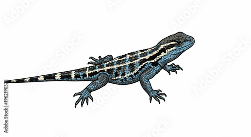 A detailed pixel-art illustration of a blue-scaled lizard with black and white stripes on its tail