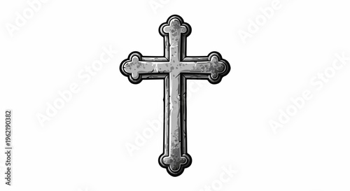 A detailed, stone-textured Christian cross with ornamental clover-shaped ends