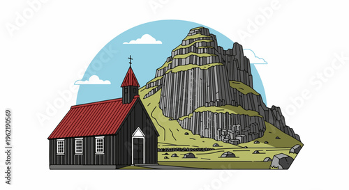 A dramatic rock formation looms over a dark church with a red roof