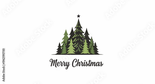 A cluster of evergreen trees adorned with a star on top, with "Merry Christmas" below