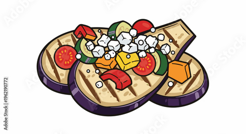 A colorful illustration of grilled eggplant slices topped with feta, tomato, cucumber, and pepper