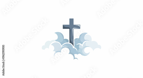 A dark cross emerges from soft, white clouds against a white background