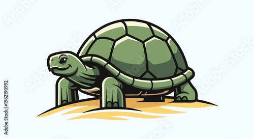 A cartoon green tortoise with a patterned shell walks on a sandy surface