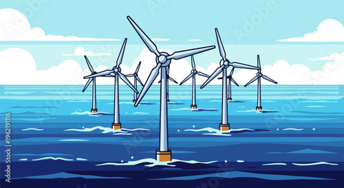A cluster of offshore wind turbines generates clean energy from ocean breezes