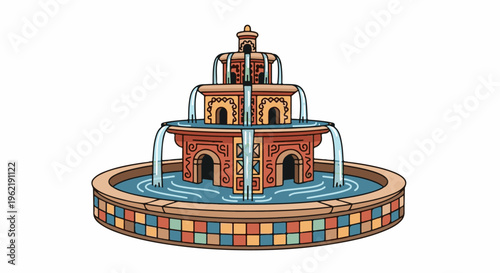 A colorful, multi-tiered fountain with water flowing between levels