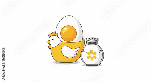 A cartoon hen holds a sunny-side up egg; a salt shaker is nearby