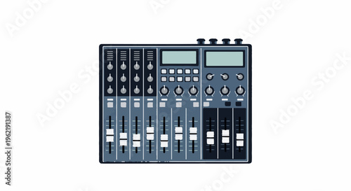 A blue audio mixer with sliders, knobs, and screens on a white background