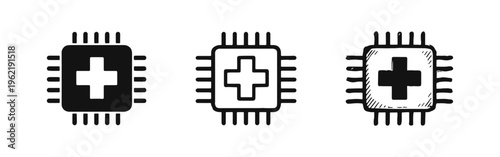 Medical microchip icon set in different styles for digital health and smart technology concepts