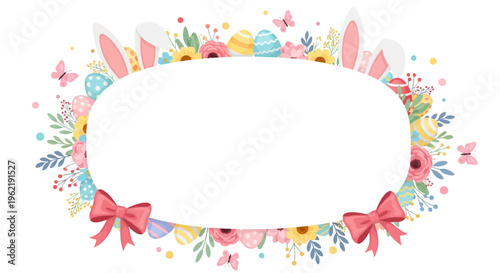 Colorful Easter egg hunt invitation template with floral border, bows, and eggs on white background for kids party or celebration