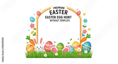 Colorful Easter egg hunt invitation template with cartoon bunny, eggs, and flowers in a grassy border, perfect for kids' party or community event