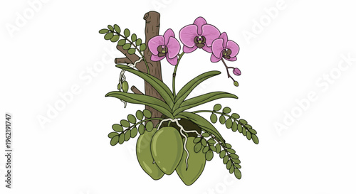 A branch displays pink orchids, green leaves, and dangling oval fruits