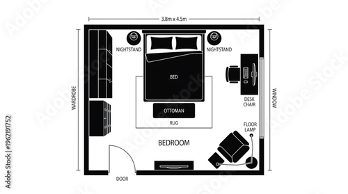 Detailed black and white floor plan of a modern bedroom with labeled furniture and measurements