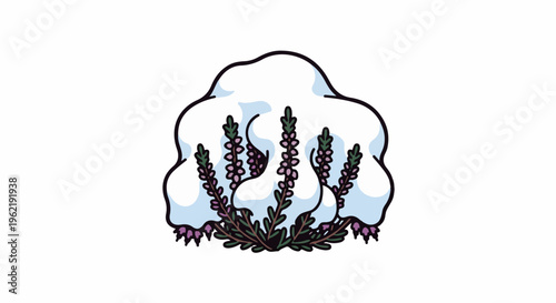 A cluster of purple heather flowers peeks through a soft blanket of snow