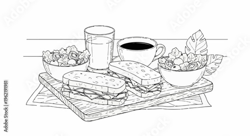 A breakfast spread featuring sandwiches, salads, a glass of milk, and coffee