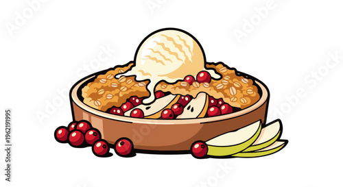 A dessert with a scoop of ice cream melting over a baked fruit crumble