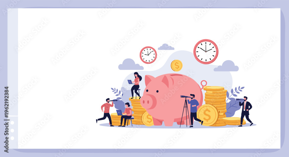 Fototapeta premium Conceptual illustration of a large pink piggy bank surrounded by small people managing coins, clocks, and financial data for savings.